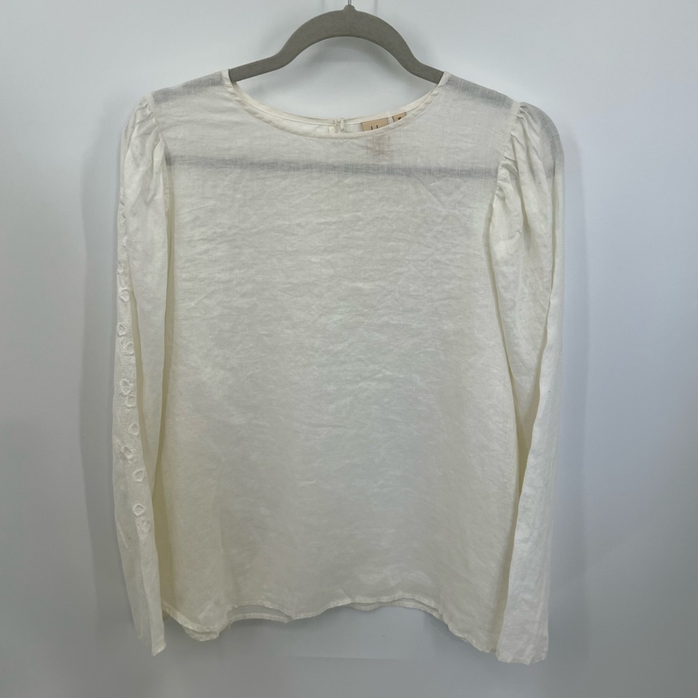 Uniqlo cream embroidered bell sleeve linen top